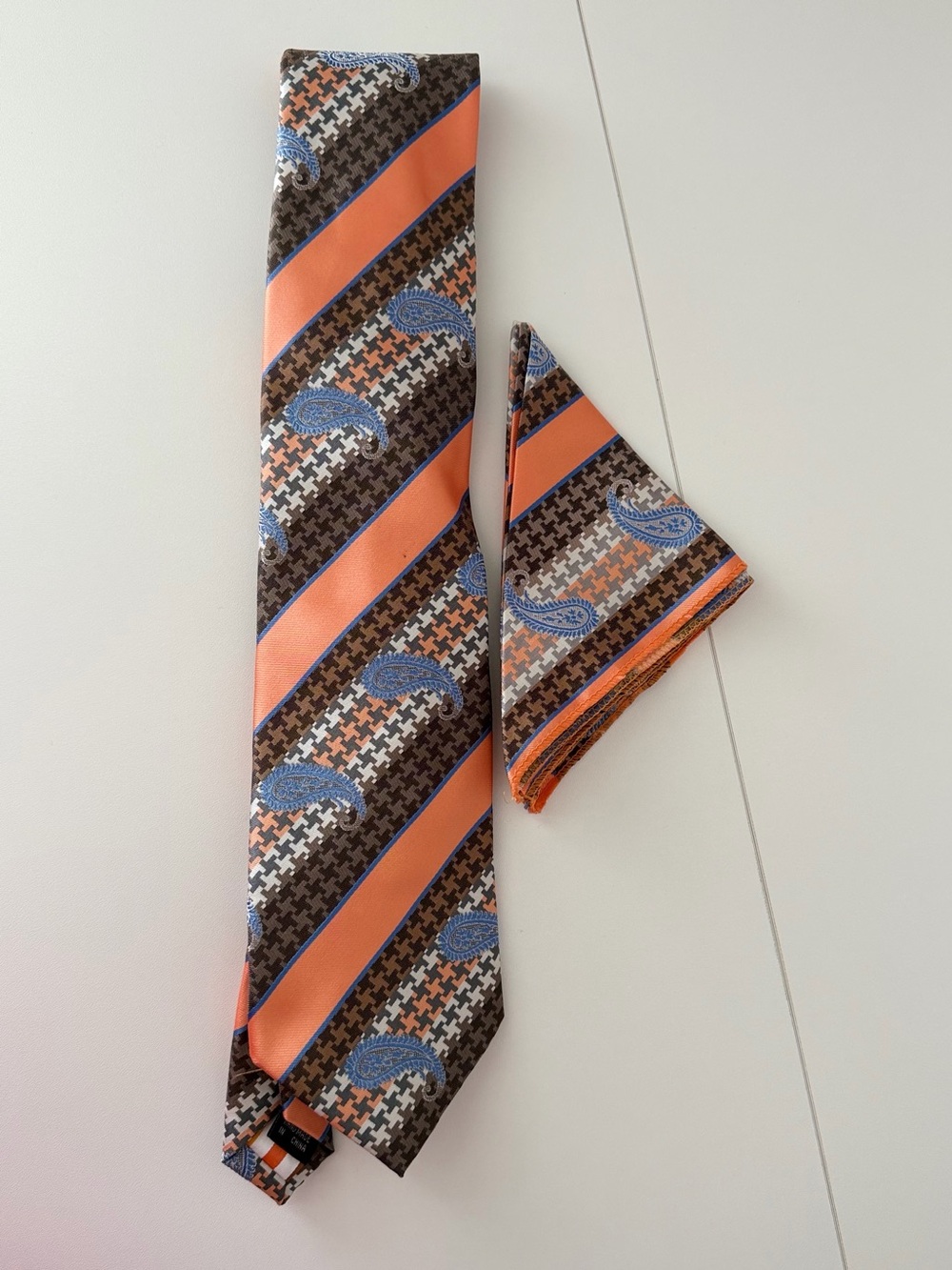 Henri Picard Silk Tie & Pocket Square Set Orange Blue Paisley Houndstooth EUC